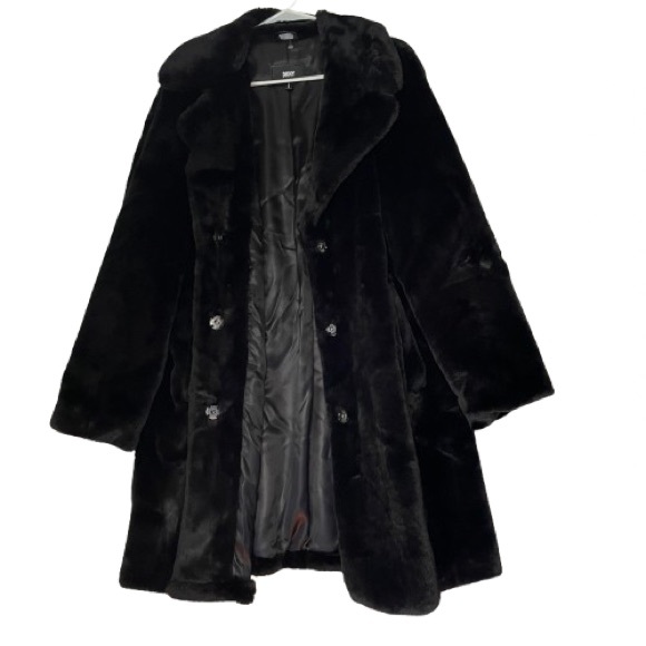 NWT DKNY Black Teddy Jacket Plush Mid-Length Faux Fur Coat Midi Size Large - Picture 2 of 12